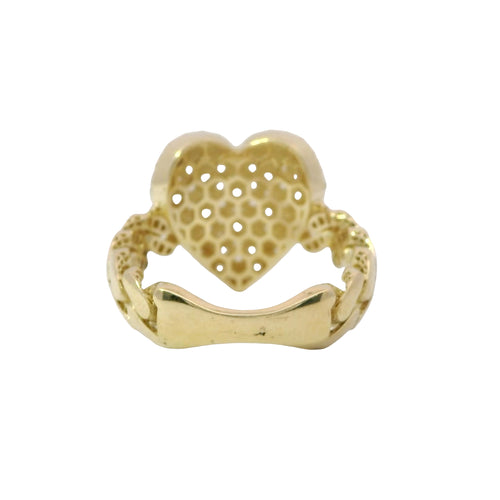 14KT Gold Ring Women's Heart Shape White CZ Stone Center Plain Outline White CZ Stone Border Cuban Link Band