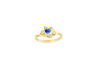 14KT Gold Ring Women's Navy Blue Heart Center CZ Stone Left White Round CZ Stone with Two Plain Hearts and Plain Bypass Band Upper - Rope Lower Band Plain