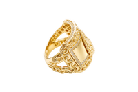 14KT Gold Ring Men's Curved Rectangle Caridad Cobre with White CZ Stones Border Chino Link Frame and Band