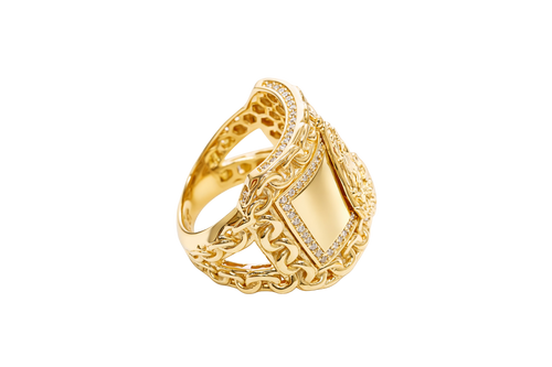 14KT Gold Ring Men's Curved Rectangle Caridad Cobre with White CZ Stones Border Chino Link Frame and Band