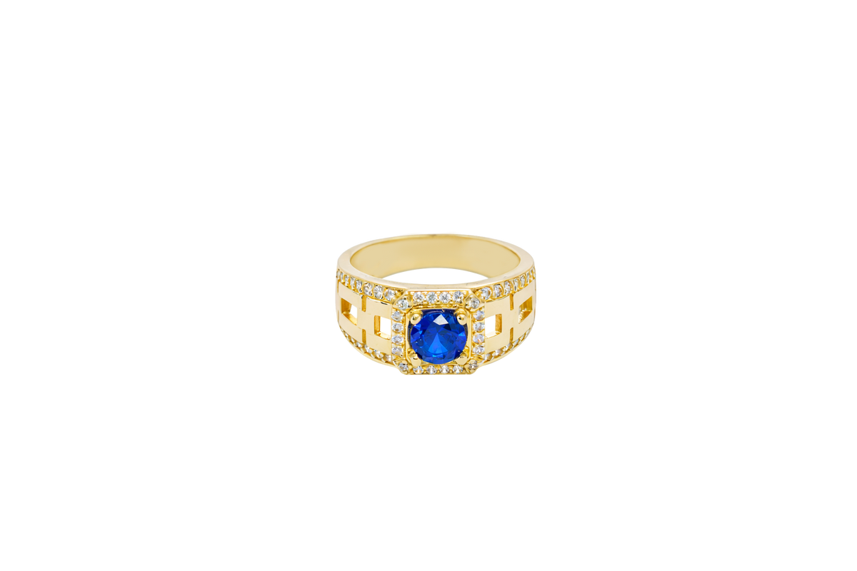 14KT Gold Ring Men's Blue Round CZ Center Stone Square White CZ Stone Border Band Design White CZ Stones Mariner Link