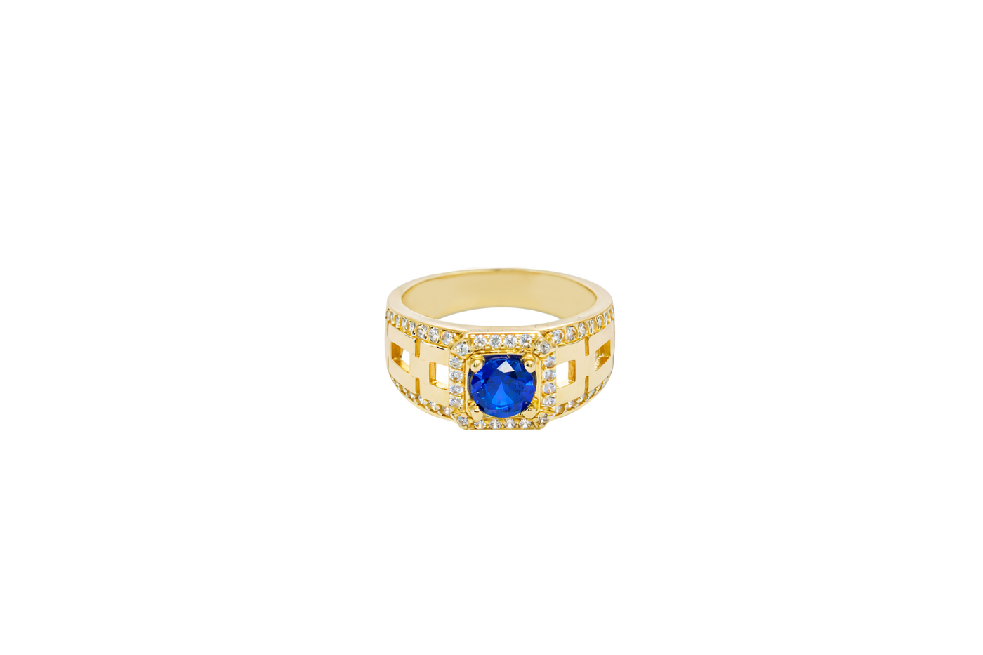 14KT Gold Ring Men's Blue Round CZ Center Stone Square White CZ Stone Border Band Design White CZ Stones Mariner Link