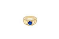 14KT Gold Ring Men's Blue Round CZ Center Stone Square White CZ Stone Border Band Design White CZ Stones Mariner Link
