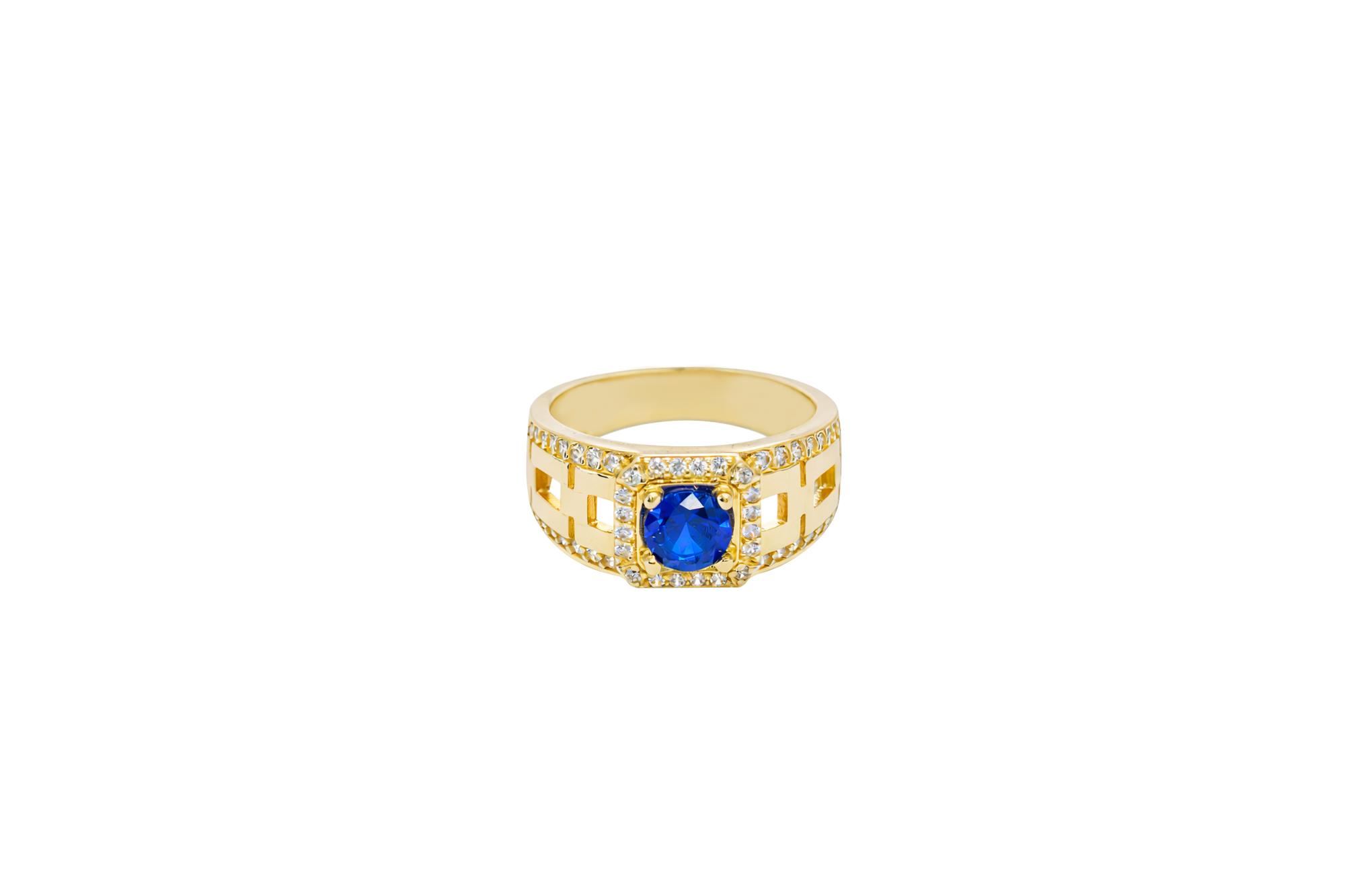 14KT Gold Ring Men's Blue Round CZ Center Stone Square White CZ Stone Border Band Design White CZ Stones Mariner Link