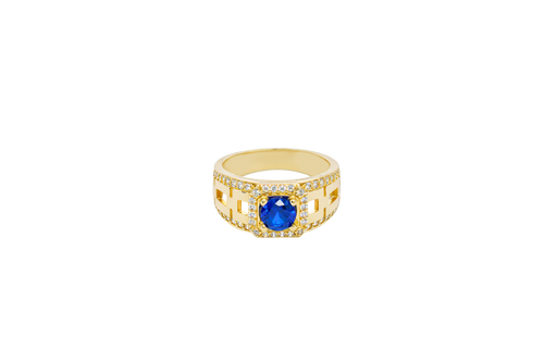 14KT Gold Ring Men's Blue Round CZ Center Stone Square White CZ Stone Border Band Design White CZ Stones Mariner Link