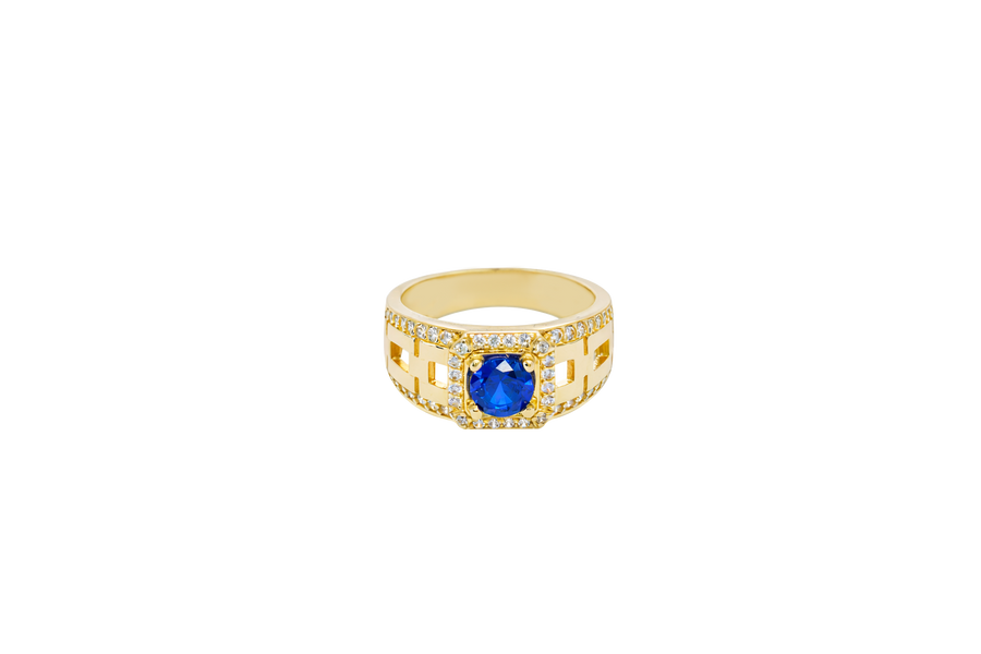14KT Gold Ring Men's Blue Round CZ Center Stone Square White CZ Stone Border Band Design White CZ Stones Mariner Link