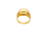 14KT Gold Ring Men's Octagon Raised Center Round White CZ Stone Center Border Plain Edge Band Design Seven Row White CZ Stone Section