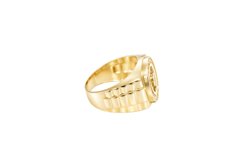 14KT Gold Ring Men's Jumbo Round White CZ Center Stone Plain Border on Onyx Background with White CZ Stones Border Side Design Jubilee