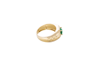 14KT Gold Ring Men's Square Green CZ Round Center Stone White CZ Stone Border Band Design Braid with Single Row White CZ Stones Border