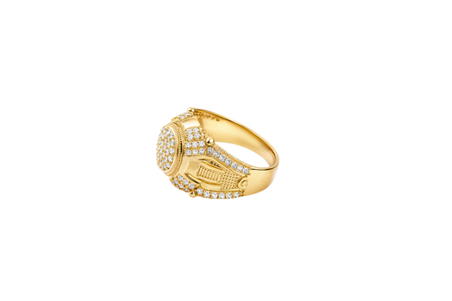 14KT Gold Ring Men's Oval White CZ Stone Platform Plain Border Corner Edge Design Four Triple Row White CZ Stones Band Ladder with White CZ Stone Border