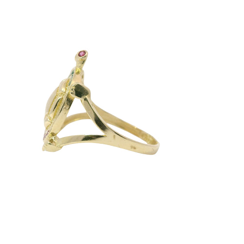 14KT Gold Ring Women's Jumbo White/Green/Red Mexico Flag CZ Stone Turtle Shell with Red CZ Eyes Plain Border and Plain Split Band