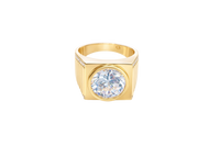 14KT Gold Ring Men's Square with Large White CZ Center Stone Plain Border Band Design 7 Round White CZ Stone Edge