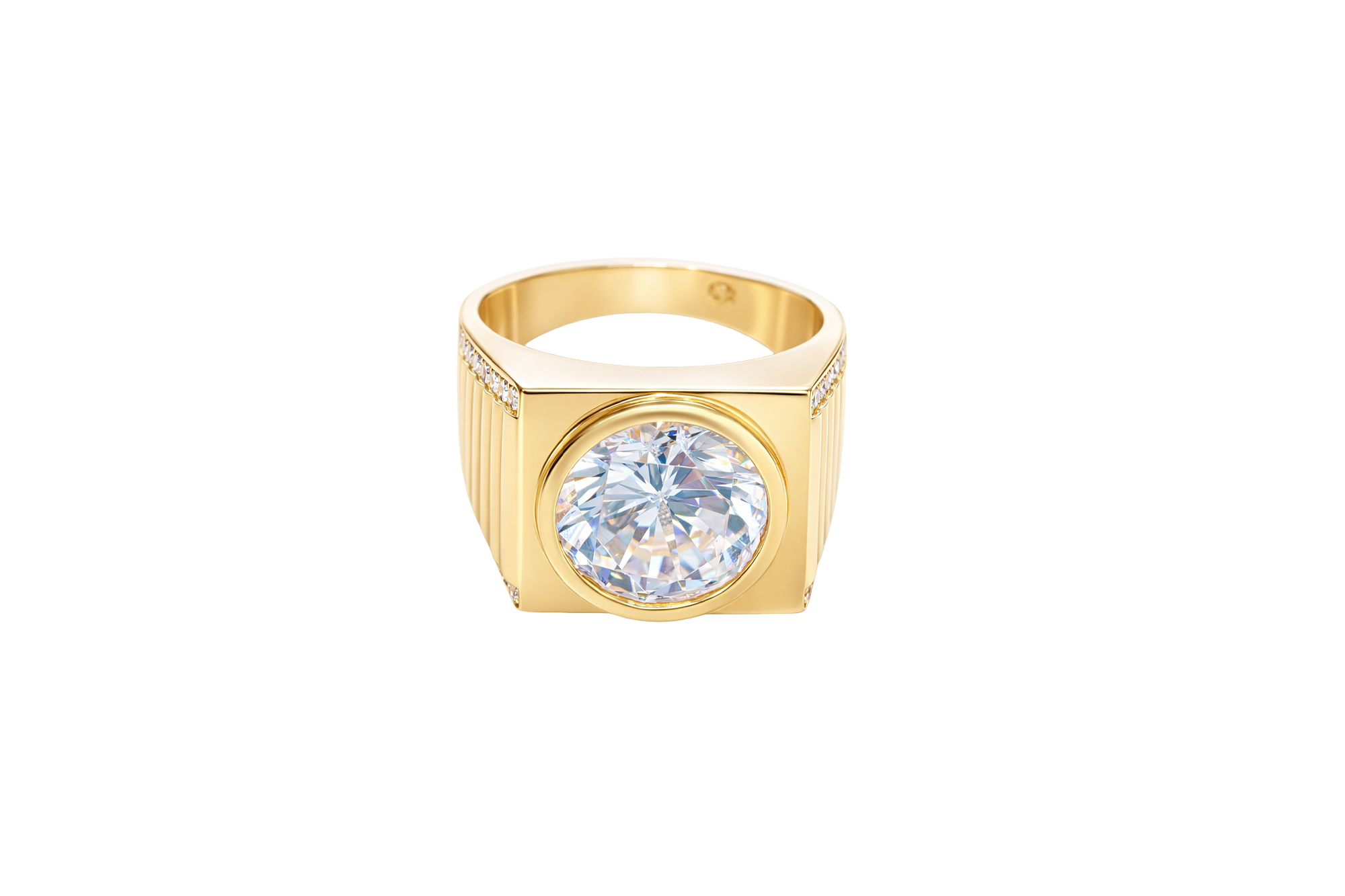 14KT Gold Ring Men's Square with Large White CZ Center Stone Plain Border Band Design 7 Round White CZ Stone Edge
