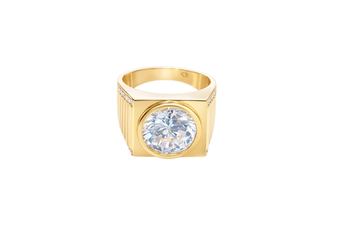 14KT Gold Ring Men's Square with Large White CZ Center Stone Plain Border Band Design 7 Round White CZ Stone Edge