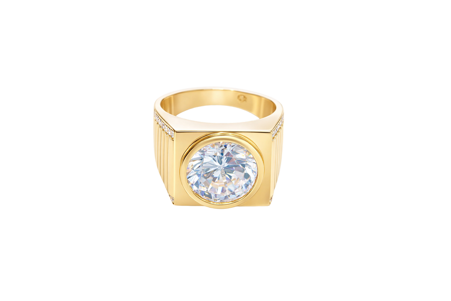 14KT Gold Ring Men's Square with Large White CZ Center Stone Plain Border Band Design 7 Round White CZ Stone Edge