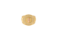 14KT Gold Ring Men's Round Two Tone Virgin Mary White CZ Stones Double Border with Four Slightly Larger Corner Stones and White CZ Stones on Curved Ridged Band