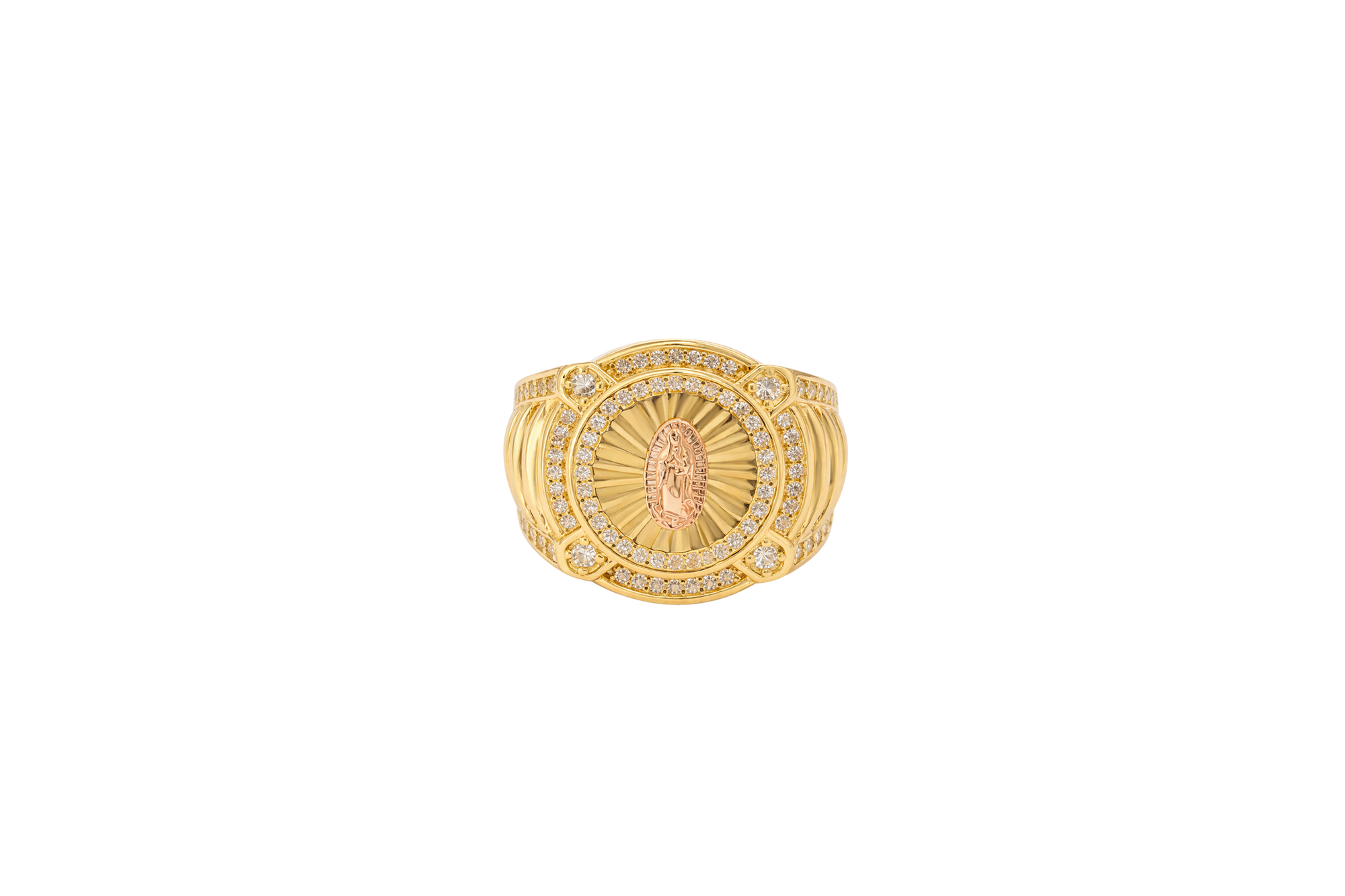 14KT Gold Ring Men's Round Two Tone Virgin Mary White CZ Stones Double Border with Four Slightly Larger Corner Stones and White CZ Stones on Curved Ridged Band