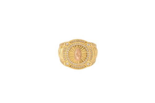 14KT Gold Ring Men's Round Two Tone Virgin Mary White CZ Stones Double Border with Four Slightly Larger Corner Stones and White CZ Stones on Curved Ridged Band