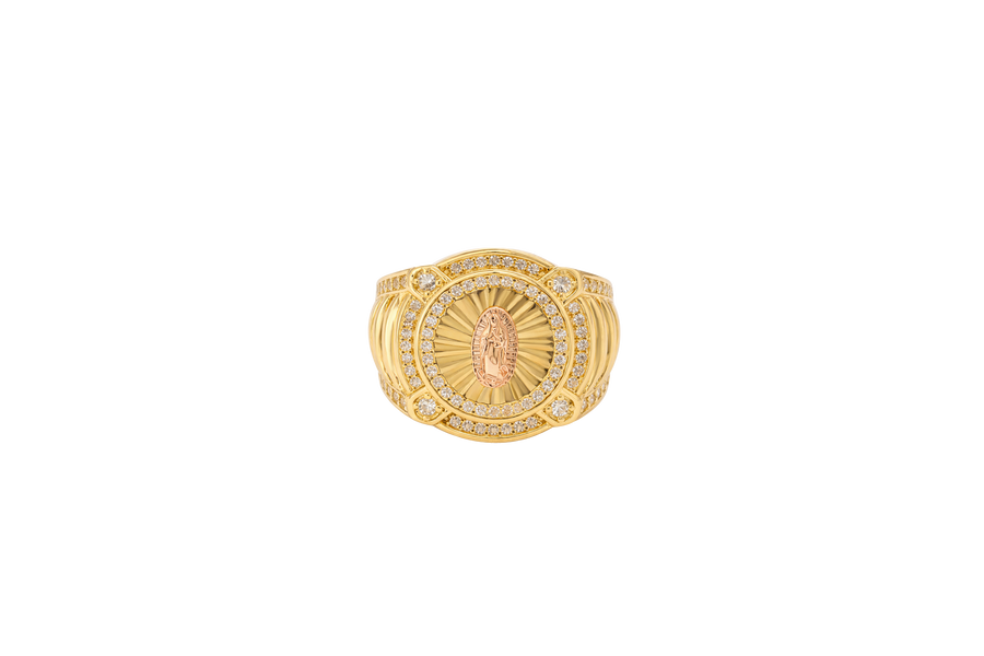 14KT Gold Ring Men's Round Two Tone Virgin Mary White CZ Stones Double Border with Four Slightly Larger Corner Stones and White CZ Stones on Curved Ridged Band