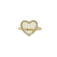 14KT Gold Ring Women's Open Stripe Heart with White CZ Stone Border