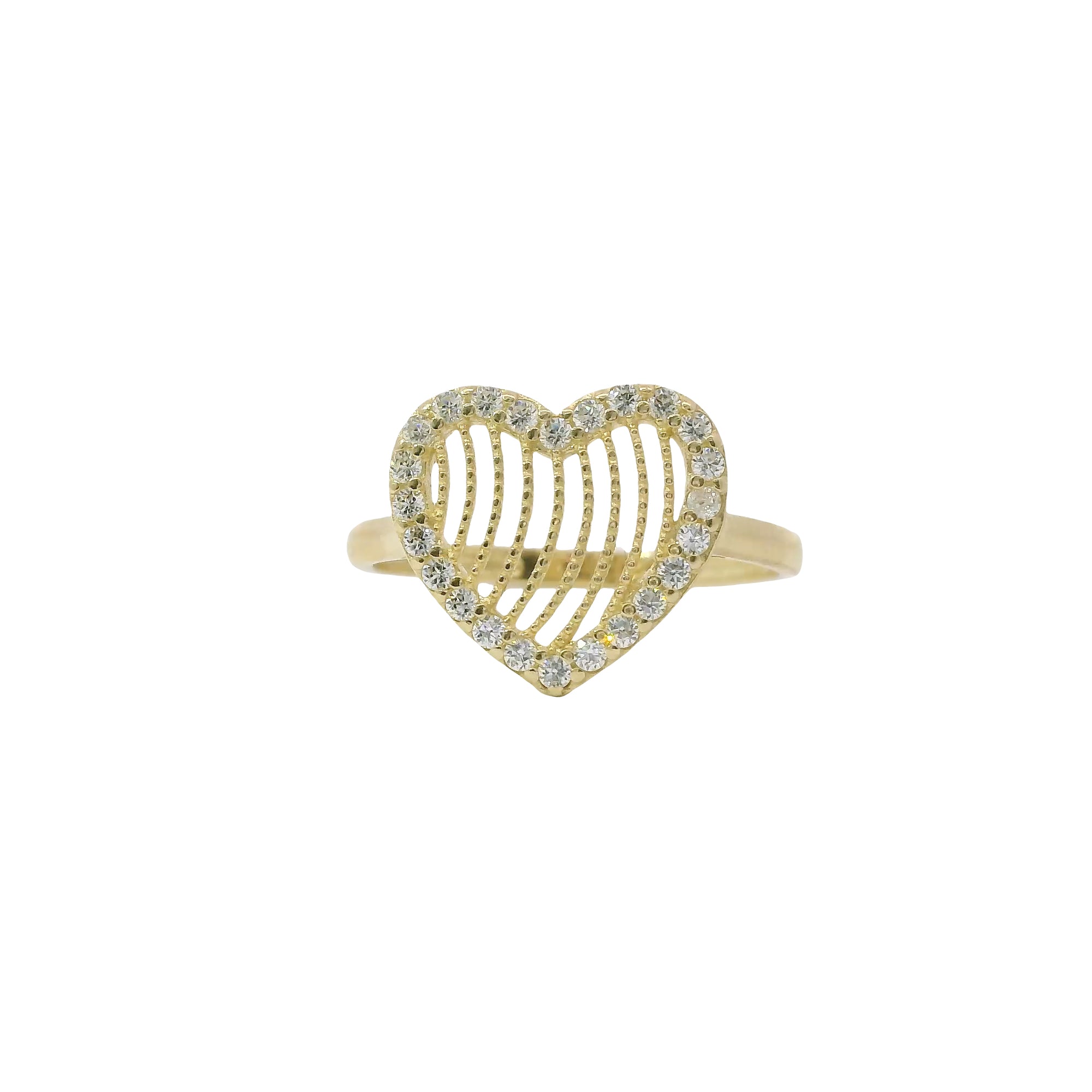 14KT Gold Ring Women's Open Stripe Heart with White CZ Stone Border
