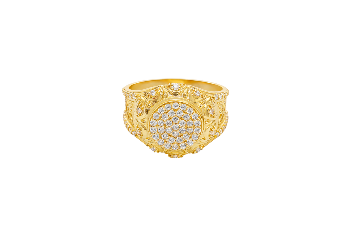 14KT Gold Ring Men's Round White CZ Stones Plain Border White CZ Stone Edge Shank CZ Stone Wreath above Abstract Butterfly Center with U-shaped White CZ Stone Border