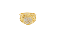 14KT Gold Ring Men's Round White CZ Stones Plain Border White CZ Stone Edge Shank CZ Stone Wreath above Abstract Butterfly Center with U-shaped White CZ Stone Border