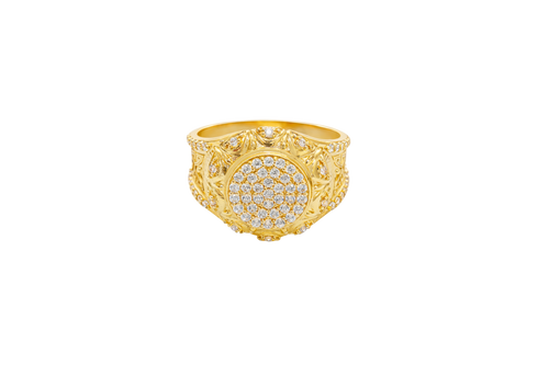 14KT Gold Ring Men's Round White CZ Stones Plain Border White CZ Stone Edge Shank CZ Stone Wreath above Abstract Butterfly Center with U-shaped White CZ Stone Border