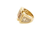 14KT Gold Ring Men's Square Raised Two Tone St. Muerte with Seven Row White CZ Stones Background and Two Tone Cross on Each Side and Pave Style CZ White Stone on Each Side with Pave Background