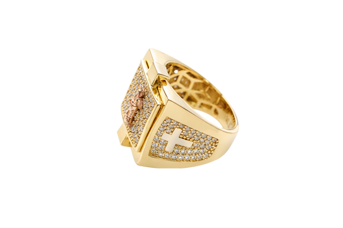 14KT Gold Ring Men's Square Raised Two Tone St. Muerte with Seven Row White CZ Stones Background and Two Tone Cross on Each Side and Pave Style CZ White Stone on Each Side with Pave Background