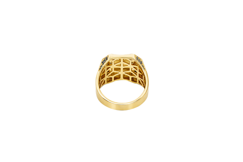 14KT Gold Ring Men's Square Two Tone Raised Santa Muerte with Sunray Background White CZ Stone Border Greek Frame Corner Design Black CZ Stone Band Design Black CZ Stones Border Around Two Tone Raised Arrow