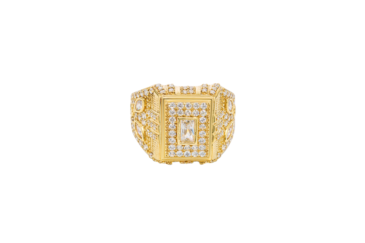 14KT Gold Ring Men's Rectangle Raised White CZ Center Stone Plain Border White CZ Stone Head Plain Border Shank Design Triple Row Stones Above Marquise Flower Shape Stones Plain Border CZ Stone Galaxy Pattern