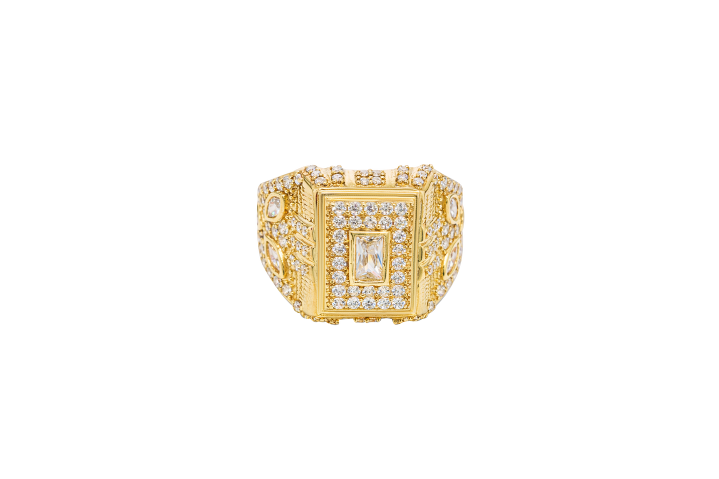14KT Gold Ring Men's Rectangle Raised White CZ Center Stone Plain Border White CZ Stone Head Plain Border Shank Design Triple Row Stones Above Marquise Flower Shape Stones Plain Border CZ Stone Galaxy Pattern