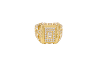 14KT Gold Ring Men's Rectangle Raised White CZ Center Stone Plain Border White CZ Stone Head Plain Border Shank Design Triple Row Stones Above Marquise Flower Shape Stones Plain Border CZ Stone Galaxy Pattern