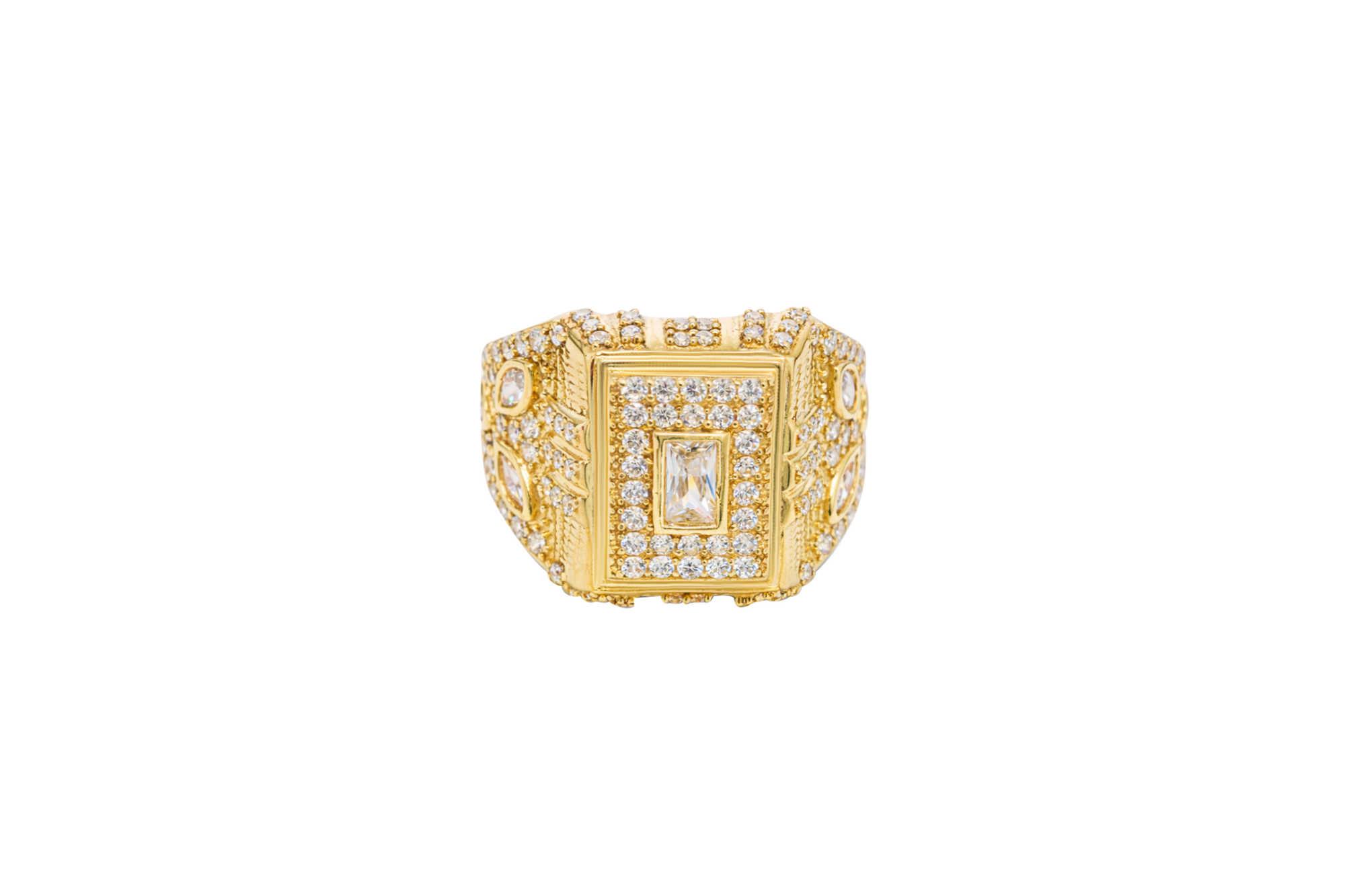 14KT Gold Ring Men's Rectangle Raised White CZ Center Stone Plain Border White CZ Stone Head Plain Border Shank Design Triple Row Stones Above Marquise Flower Shape Stones Plain Border CZ Stone Galaxy Pattern