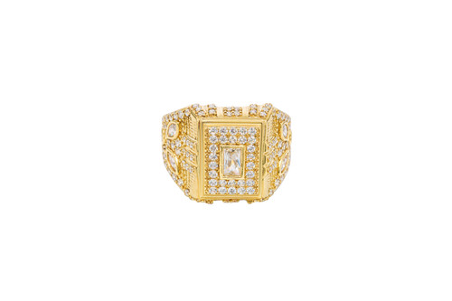 14KT Gold Ring Men's Rectangle Raised White CZ Center Stone Plain Border White CZ Stone Head Plain Border Shank Design Triple Row Stones Above Marquise Flower Shape Stones Plain Border CZ Stone Galaxy Pattern
