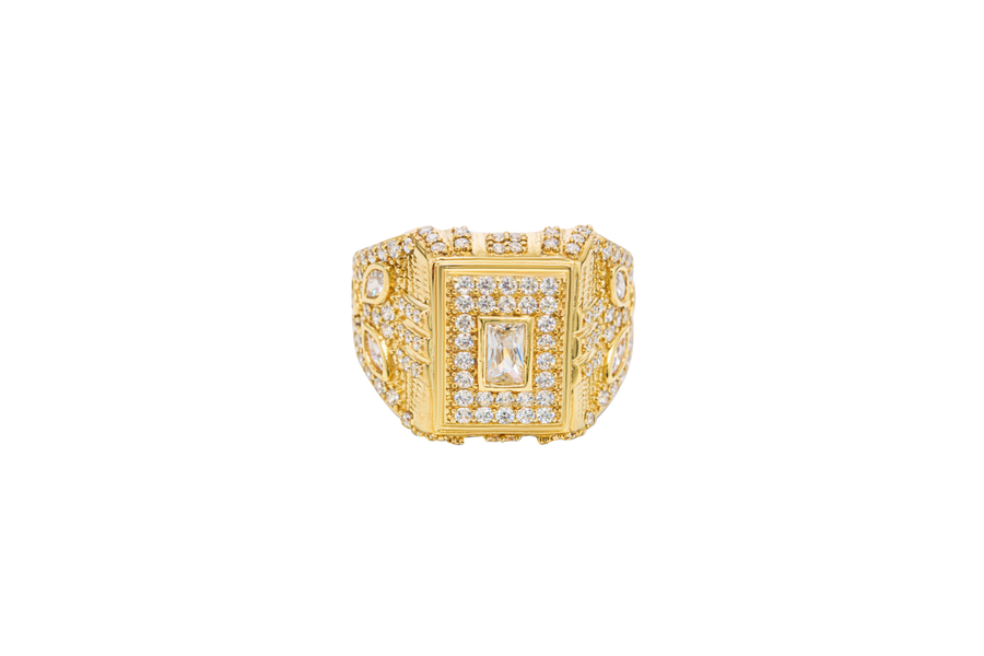 14KT Gold Ring Men's Rectangle Raised White CZ Center Stone Plain Border White CZ Stone Head Plain Border Shank Design Triple Row Stones Above Marquise Flower Shape Stones Plain Border CZ Stone Galaxy Pattern