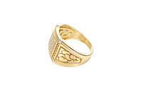 14KT Gold Ring Men's Square White Round CZ Stones Raised Center Square Plain Border Second Border White CZ Stone Border Corner Design Four Slightly Larger White CZ Stones Side Design Nugget Print / Plain Side Design Border