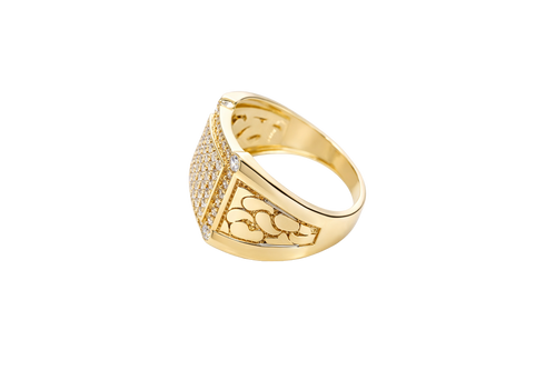 14KT Gold Ring Men's Square White Round CZ Stones Raised Center Square Plain Border Second Border White CZ Stone Border Corner Design Four Slightly Larger White CZ Stones Side Design Nugget Print / Plain Side Design Border