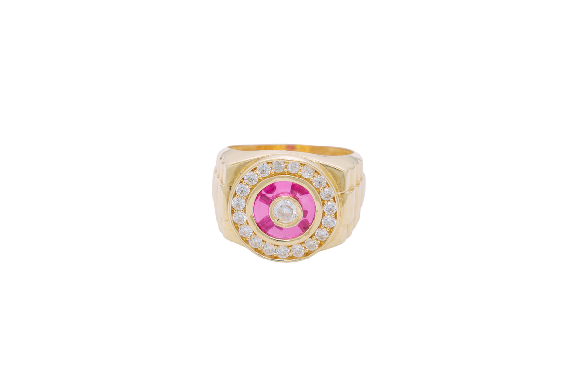 14KT Gold Ring Men's Mini Round White CZ Center Stone Plain Border on Red Onyx Background with White CZ Stones Border Side Design Jubilee