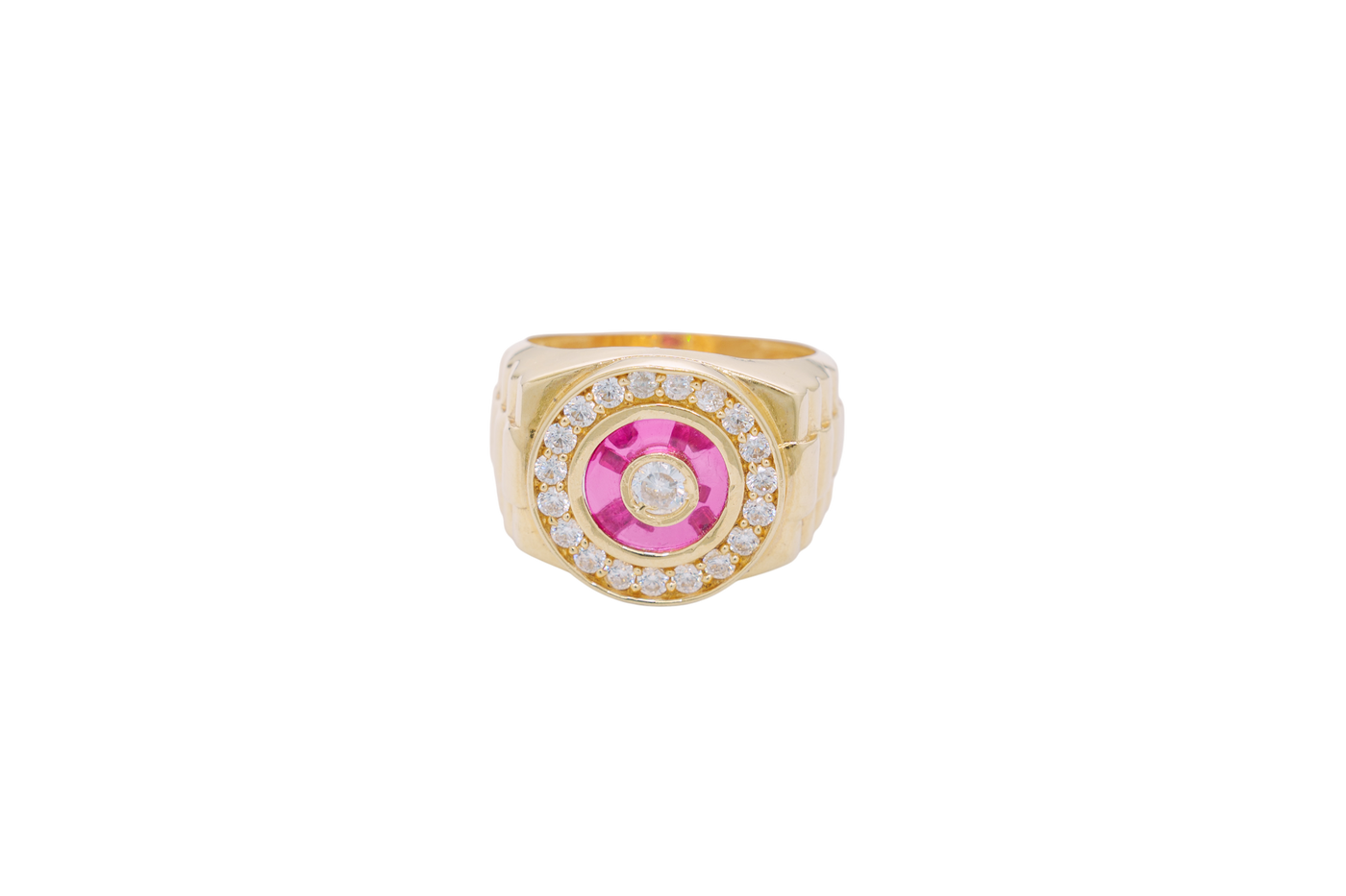 14KT Gold Ring Men's Mini Round White CZ Center Stone Plain Border on Red Onyx Background with White CZ Stones Border Side Design Jubilee