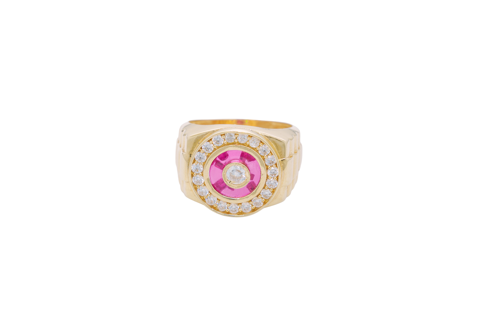 14KT Gold Ring Men's Mini Round White CZ Center Stone Plain Border on Red Onyx Background with White CZ Stones Border Side Design Jubilee