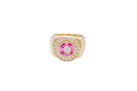 14KT Gold Ring Men's Mini Round White CZ Center Stone Plain Border on Red Onyx Background with White CZ Stones Border Side Design Jubilee