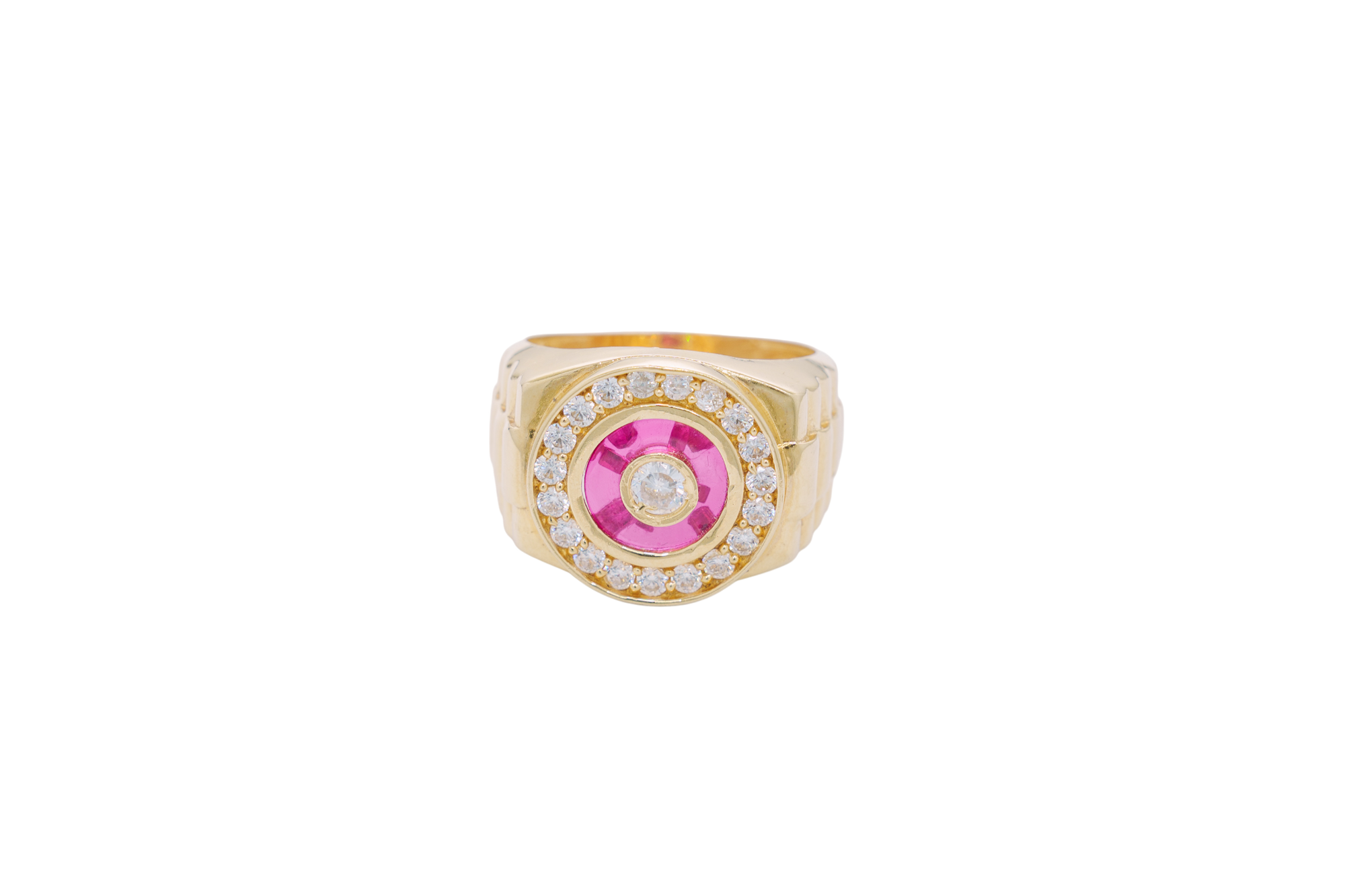 14KT Gold Ring Men's Mini Round White CZ Center Stone Plain Border on Red Onyx Background with White CZ Stones Border Side Design Jubilee