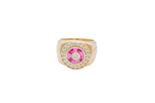 14KT Gold Ring Men's Mini Round White CZ Center Stone Plain Border on Red Onyx Background with White CZ Stones Border Side Design Jubilee