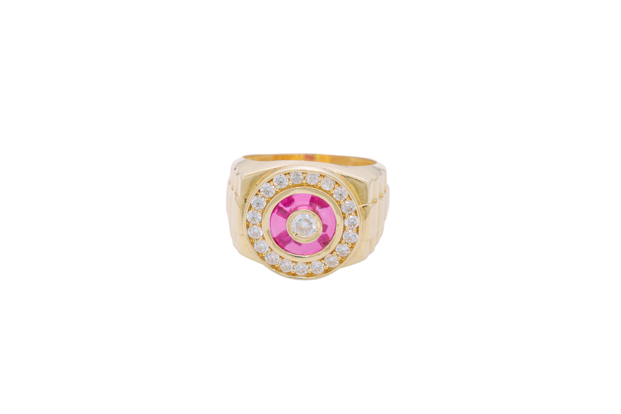 14KT Gold Ring Men's Mini Round White CZ Center Stone Plain Border on Red Onyx Background with White CZ Stones Border Side Design Jubilee