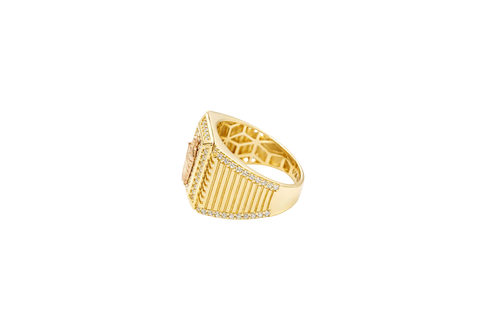 14KT Gold Ring Men's Rectangle Two Tone Raised St. Jude Center with White CZ Stone Background and Single Row White CZ Stone Border Band Design White CZ Stones Border Stripe Etched Background