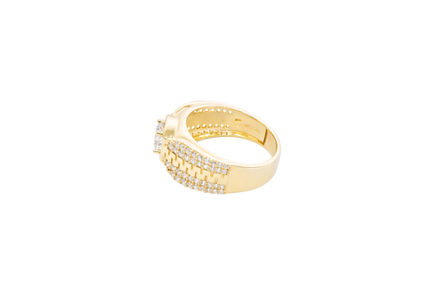 14KT Gold Ring Men's Square White CZ Round Center Stone Plain Platform Border Side Design Double Row White CZ Stones with Zig Zag Zipper Print