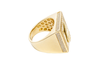 14KT Gold Ring Men's Square St. Barbara Greek Border with Double Row White CZ Edge Stones