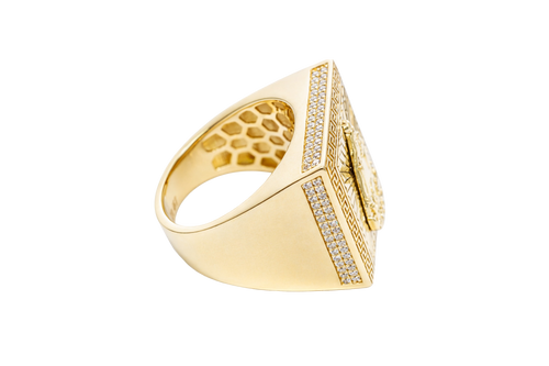 14KT Gold Ring Men's Square St. Barbara Greek Border with Double Row White CZ Edge Stones